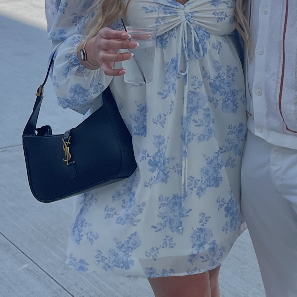 altered state blue flower off the shoulder dress